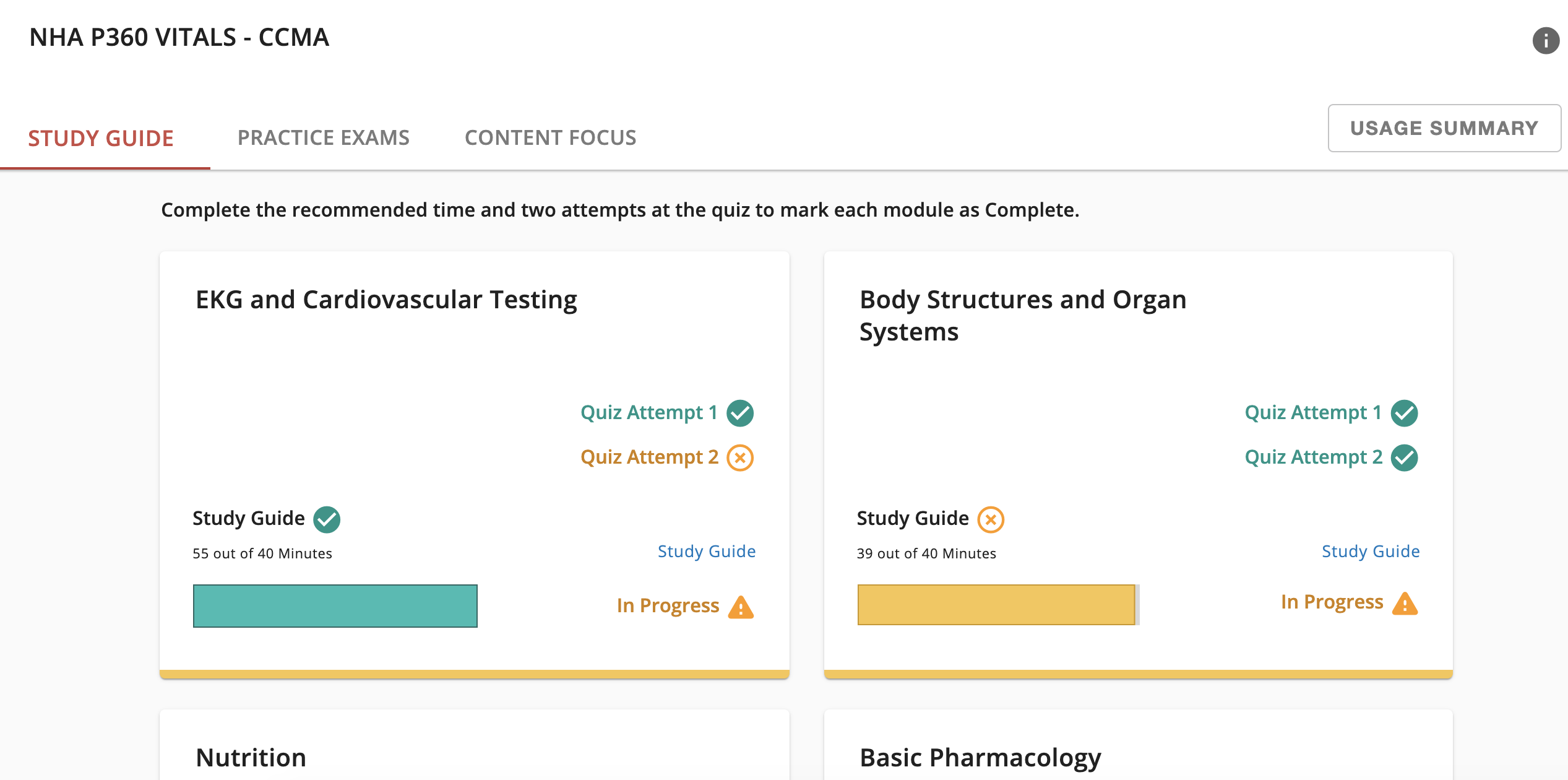 Visualizing progress in NHA study materials